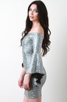 Holographic Bardot Trumpet Sleeve Dress