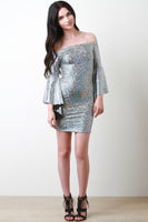 Holographic Bardot Trumpet Sleeve Dress