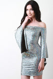 Holographic Bardot Trumpet Sleeve Dress